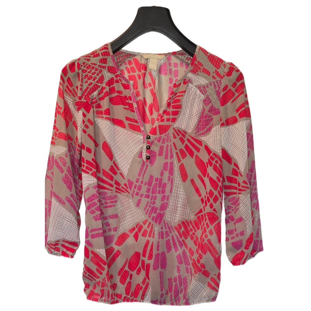Banana Republic Pink Abstract Print Smocked V-Neck Blouse 3/4 Sleeve Small